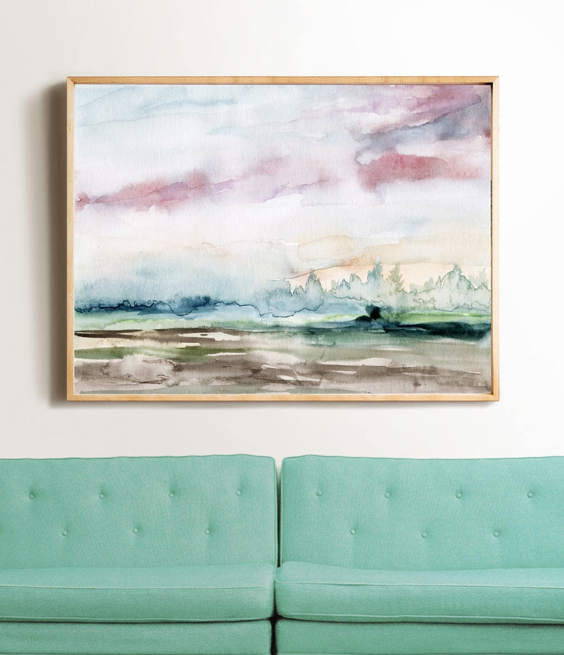Dreamy Pastel Watercolor Landscape Pink Clouds Meadow Art Print - Image 3