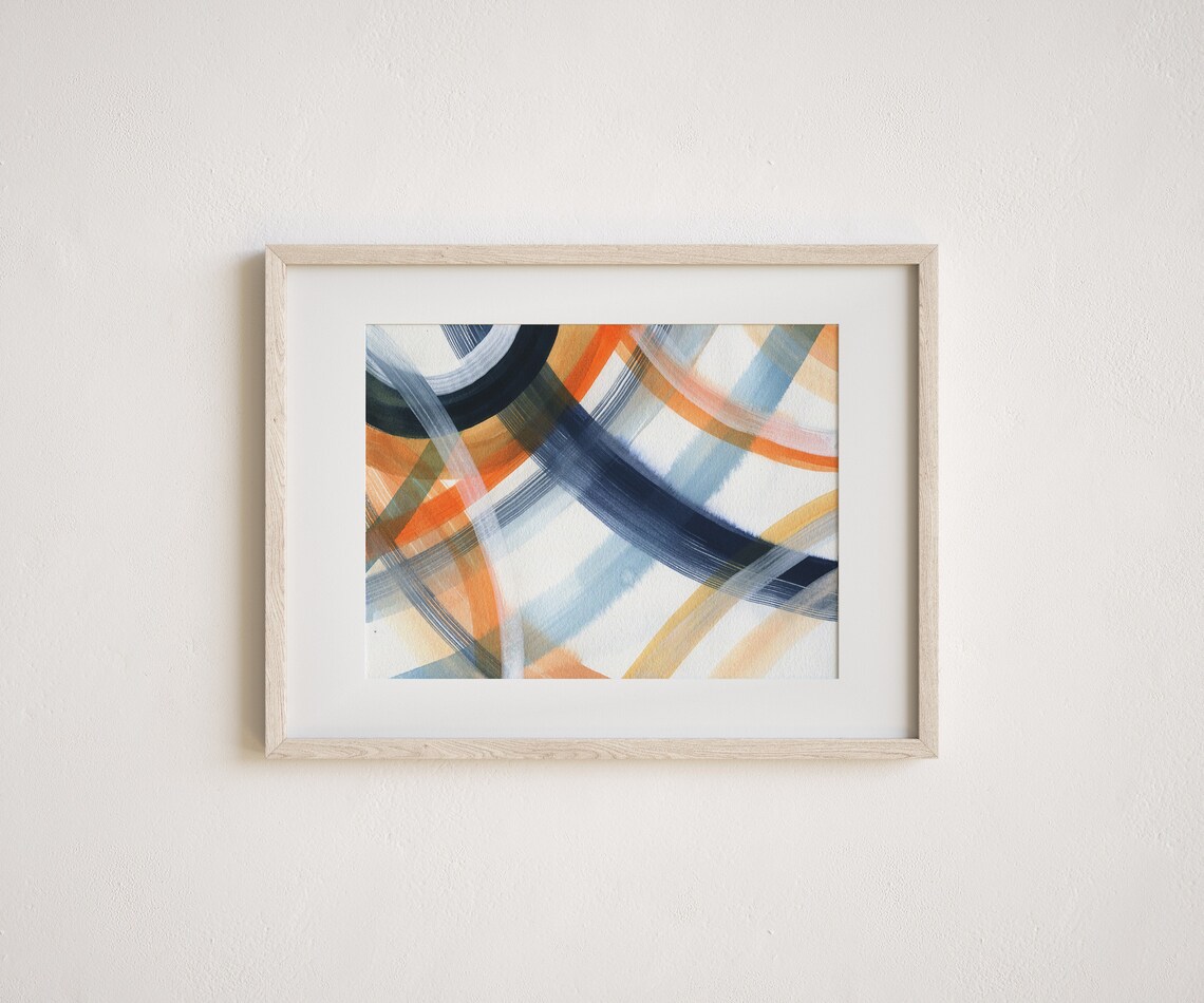 Navy And Orange Abstract Curved Brushstroke Lines Modern Art Print - Image 2
