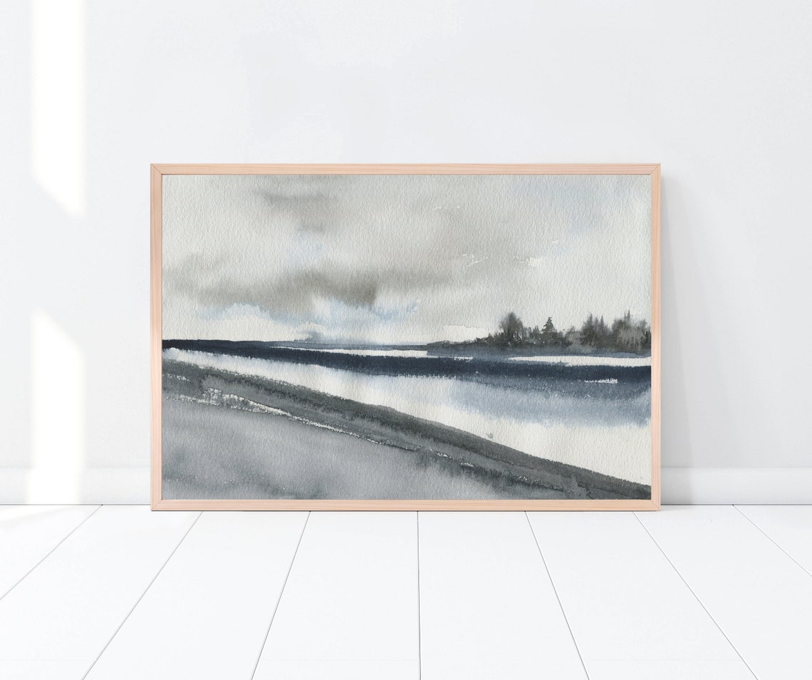 Moody Gray Watercolor Misty Lake Distant Treeline Minimal Print - Image 2