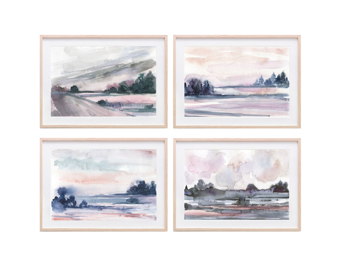 Pink Gray Blue Watercolor Poster Abstract Misty Landscape Soft Horizon - Image 2