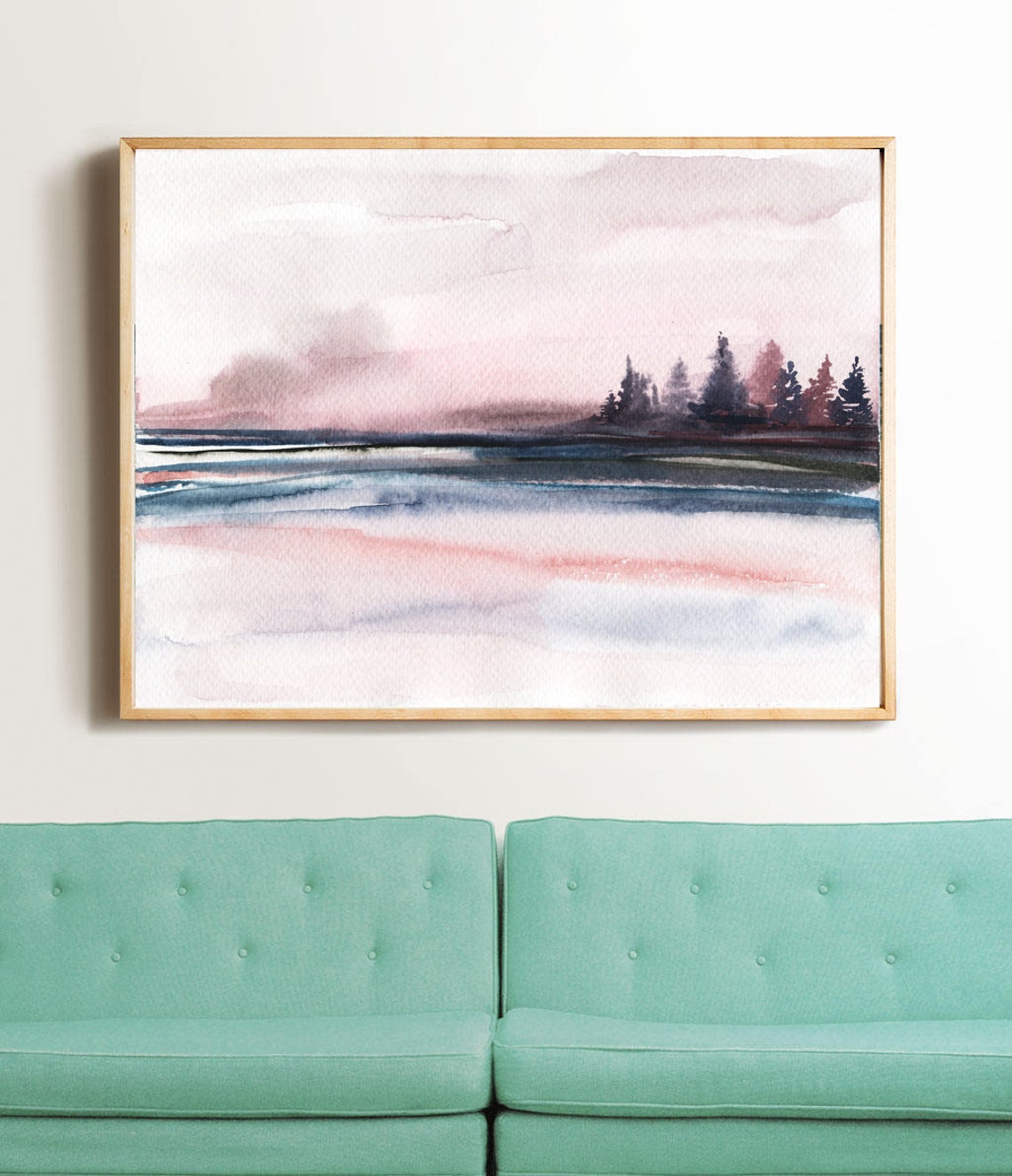 Pink Blue Misty Lake Landscape Watercolor Pine Trees Dawn Wall Art - Image 2