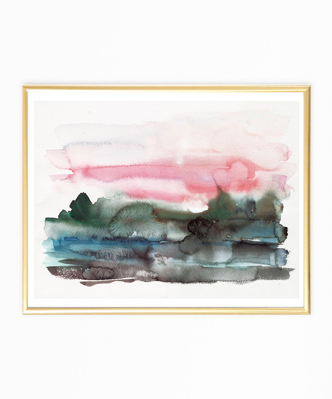 Abstract Watercolor Landscape Pink Teal Wash Horizontal Wall Art