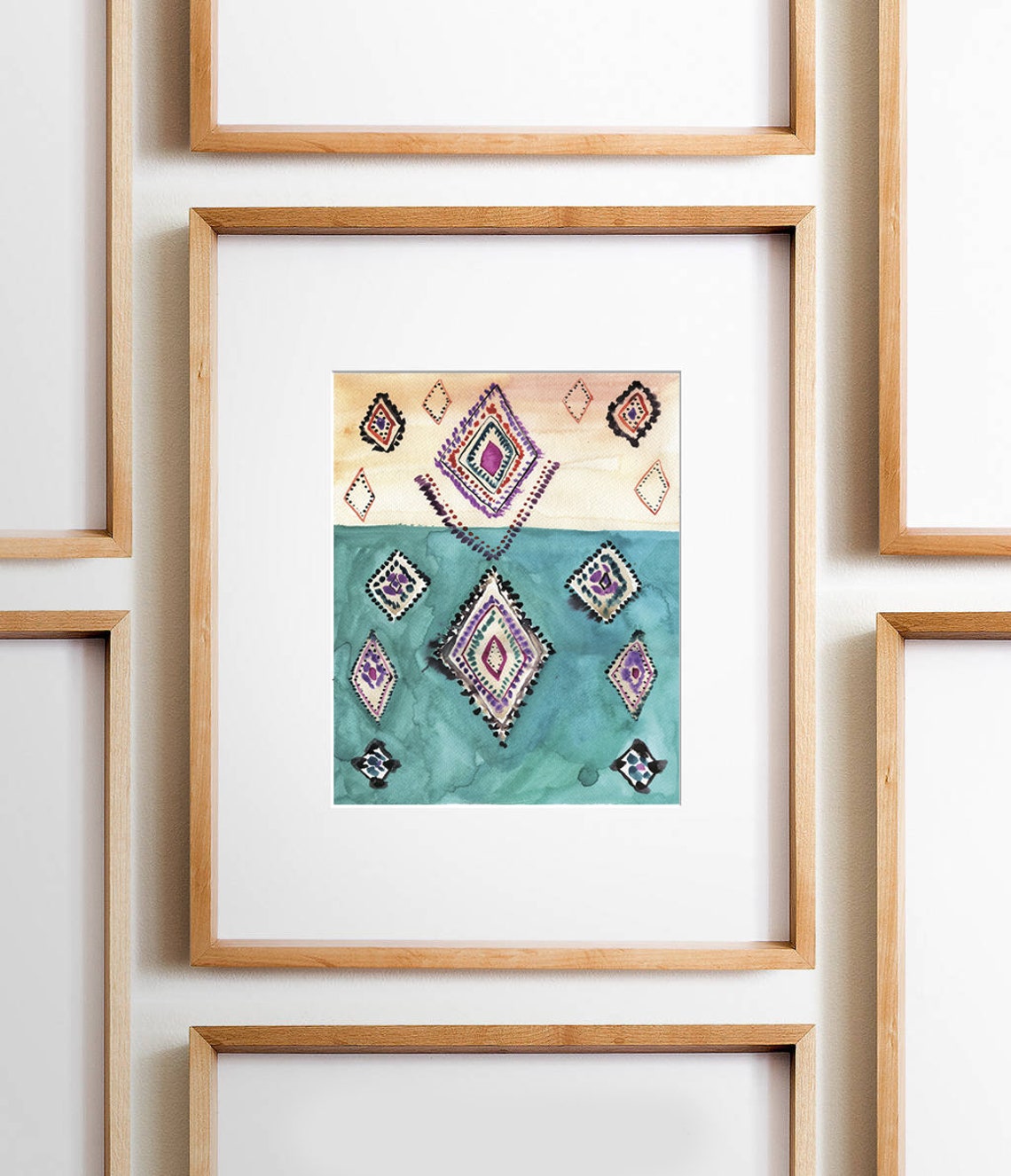 Moroccan Diamond Pattern Watercolor Teal Boho Decor Wall Art - Image 2