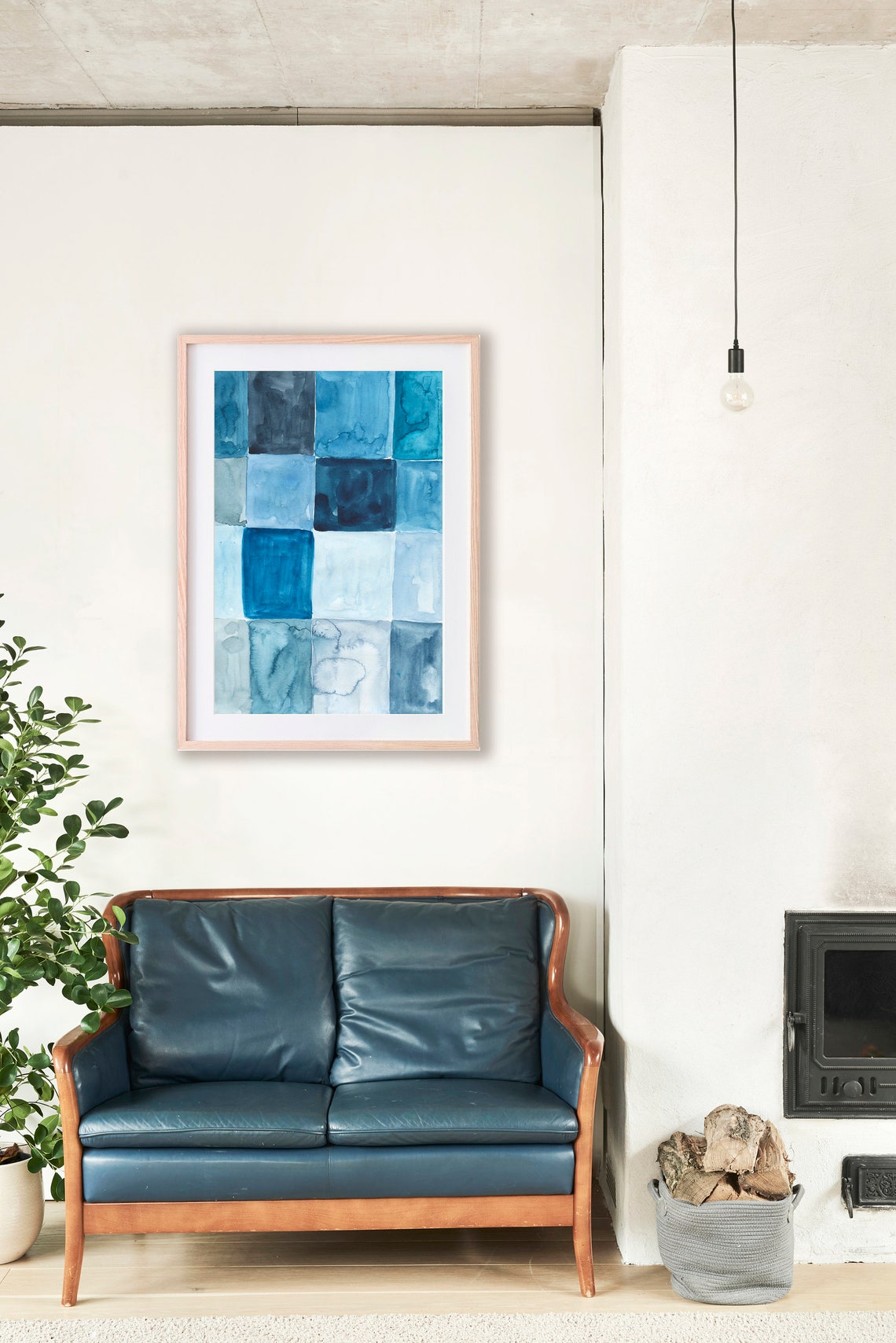 Blue Watercolor Checkerboard Grid Squares Geometric Art Print - Image 3