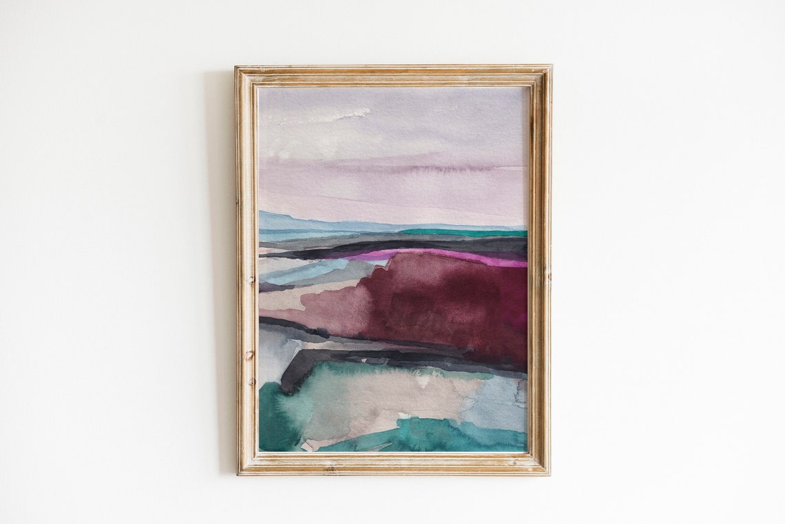 Moody Abstract Watercolor Landscape in Purple Teal Wall Art Tones