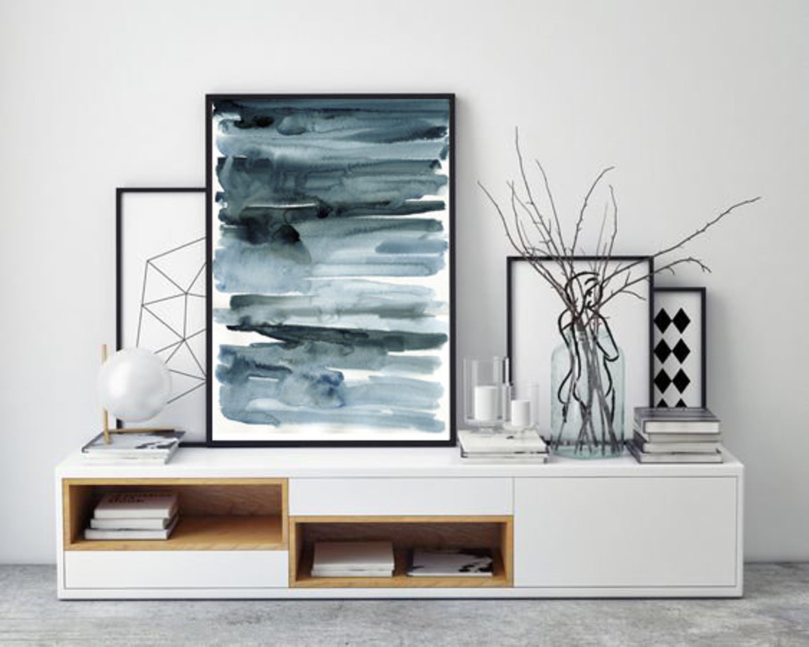Navy Blue Abstract Watercolor Horizontal Brush Stroke Wall Art - Image 2