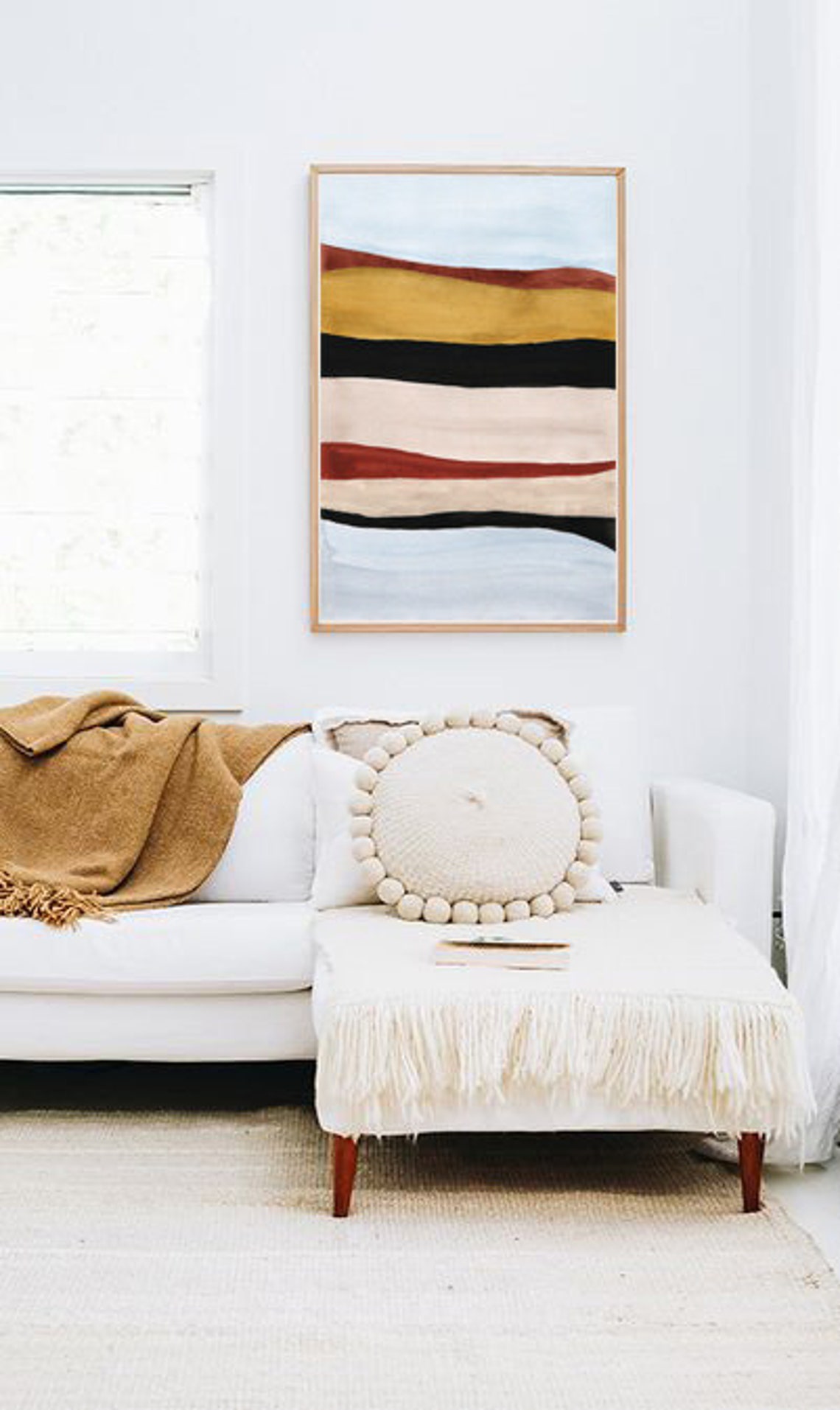 Mid Century Abstract Poster Rust Ochre Black Wavy Bands Layered Art - Image 3