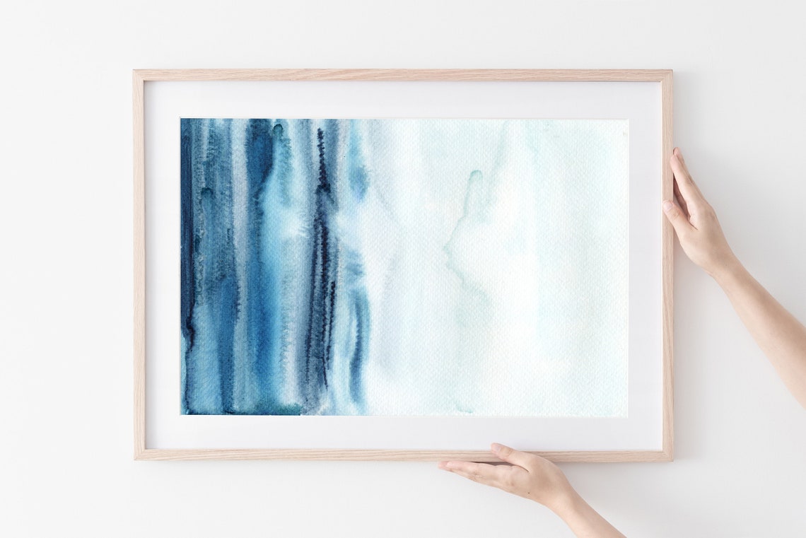 Blue Abstract Watercolor Poster Ocean Waves Minimal Coastal Decor Art - Image 3
