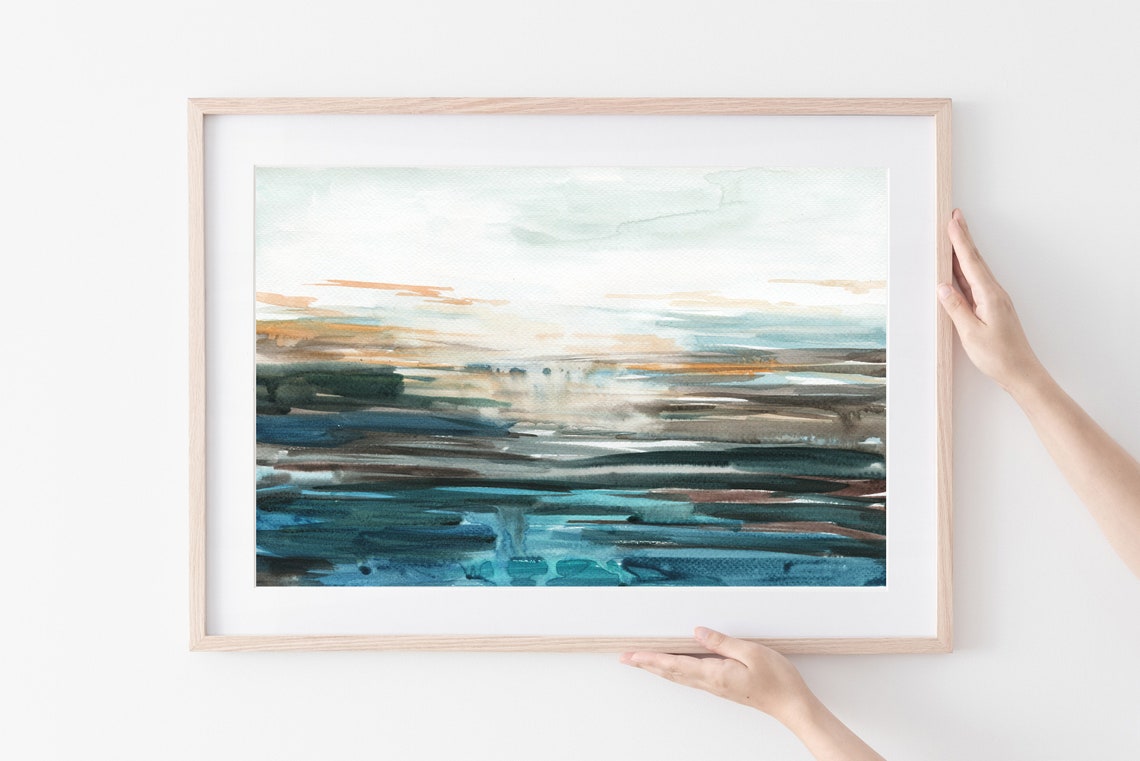 Abstract Coastal Landscape Watercolor Art Teal Sunset Hues Wall Art