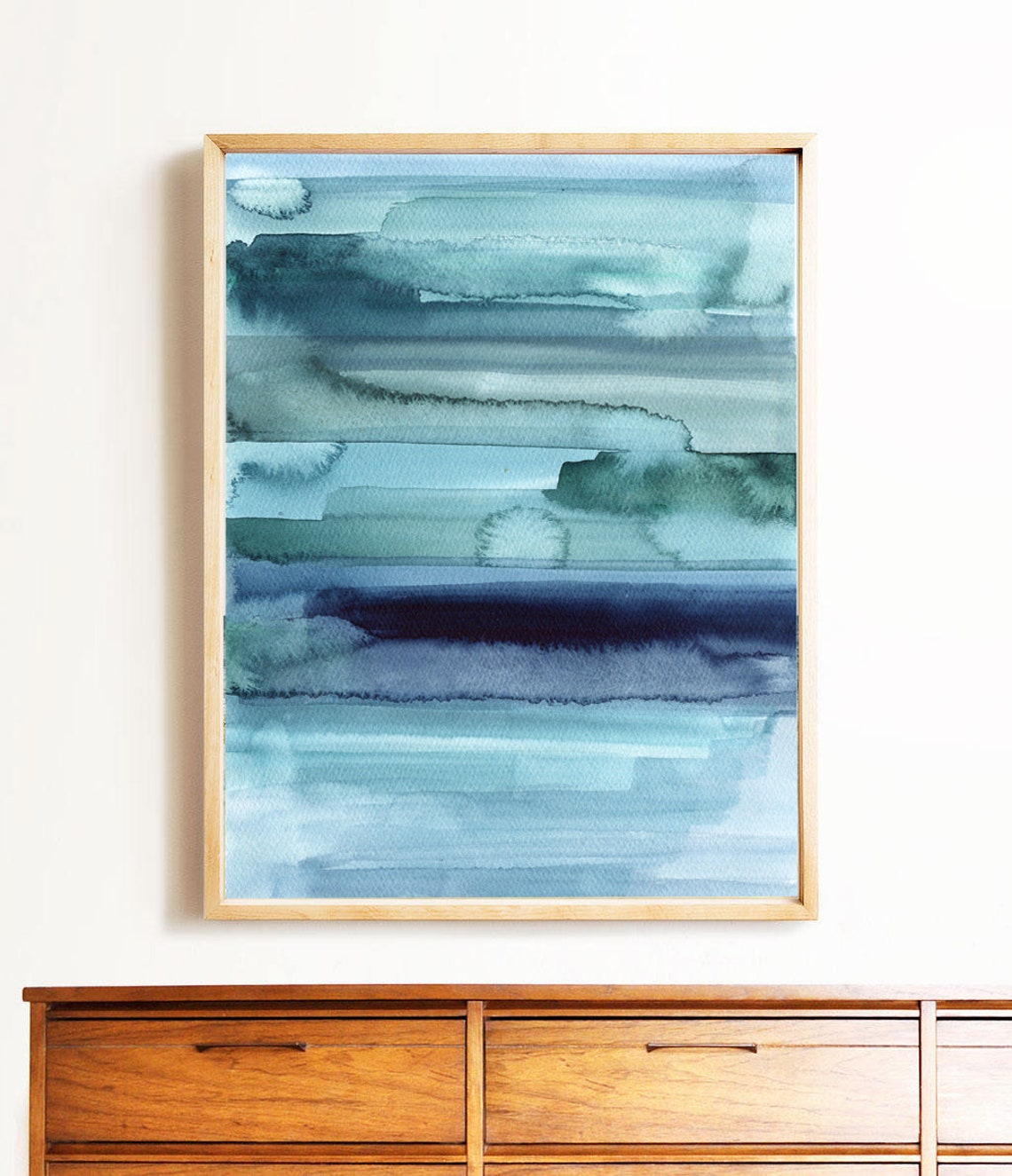Blue Teal Watercolor Horizontal Bands Modern Abstract Art Print - Image 2