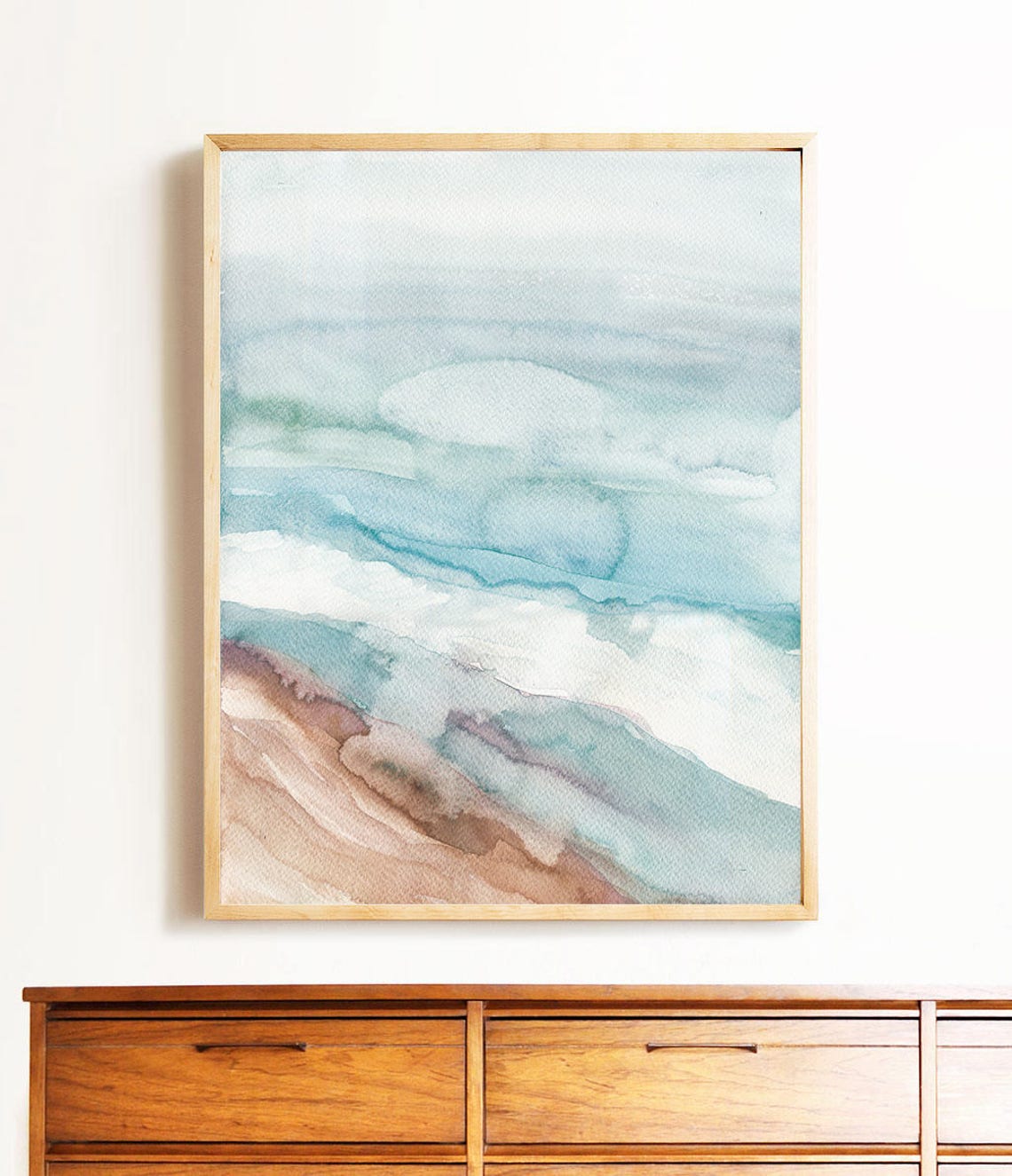Abstract Beach Waves Watercolor Art Teal Ocean Shore Coastal Wall Art - Image 3
