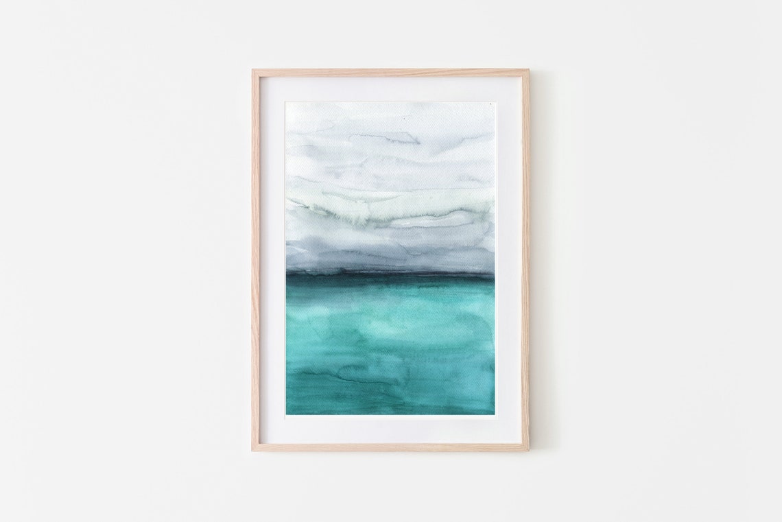 Teal Ocean Watercolor Seascape Gray Sky Minimal Coastal Poster