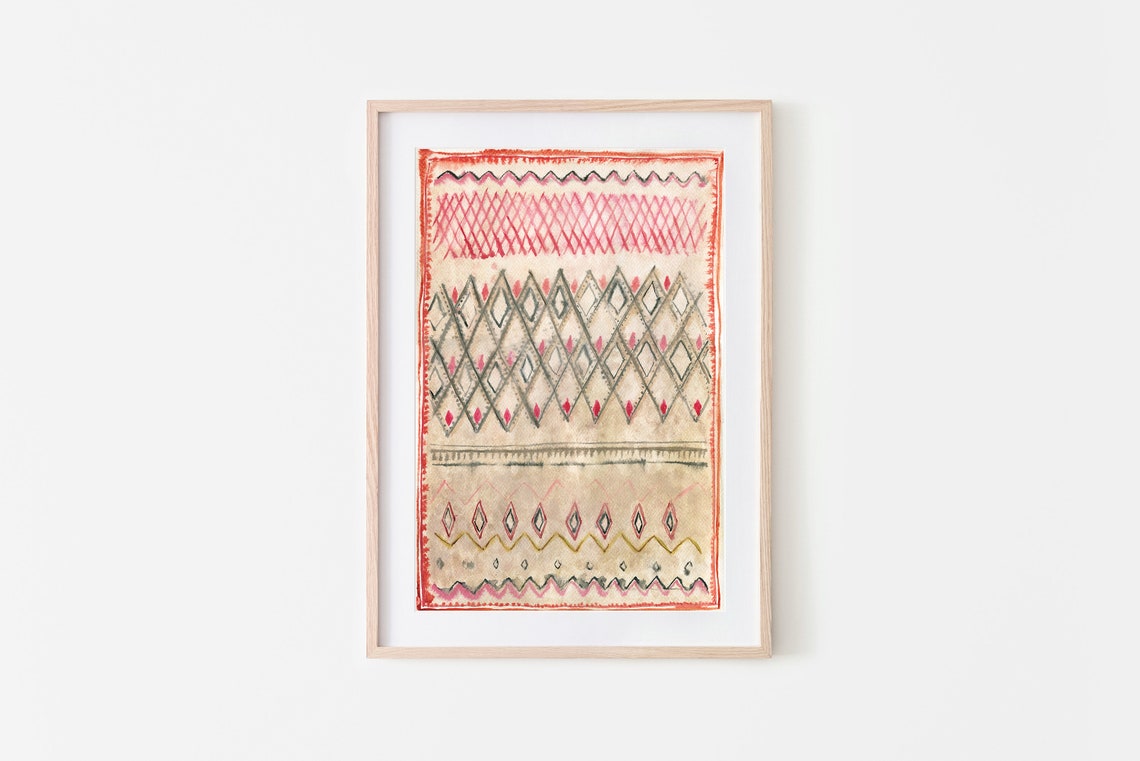 Moroccan Tribal Pattern Watercolor Red Diamonds Boho Wall Art