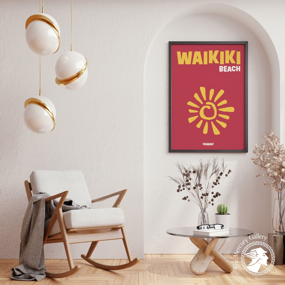 Waikiki Beach Hawaii Yellow Sun Retro Red Modern Travel Poster Print - Image 4