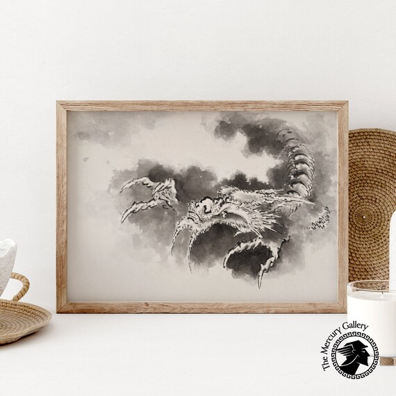 Hokusai Ink Wash Dragon Emerging From Storm Clouds Japanese Art Poster