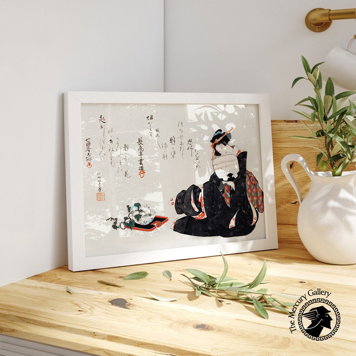 Hokusai Japanese Woman in Black Kimono With Fan and Poem Script Art Poster - Image 6