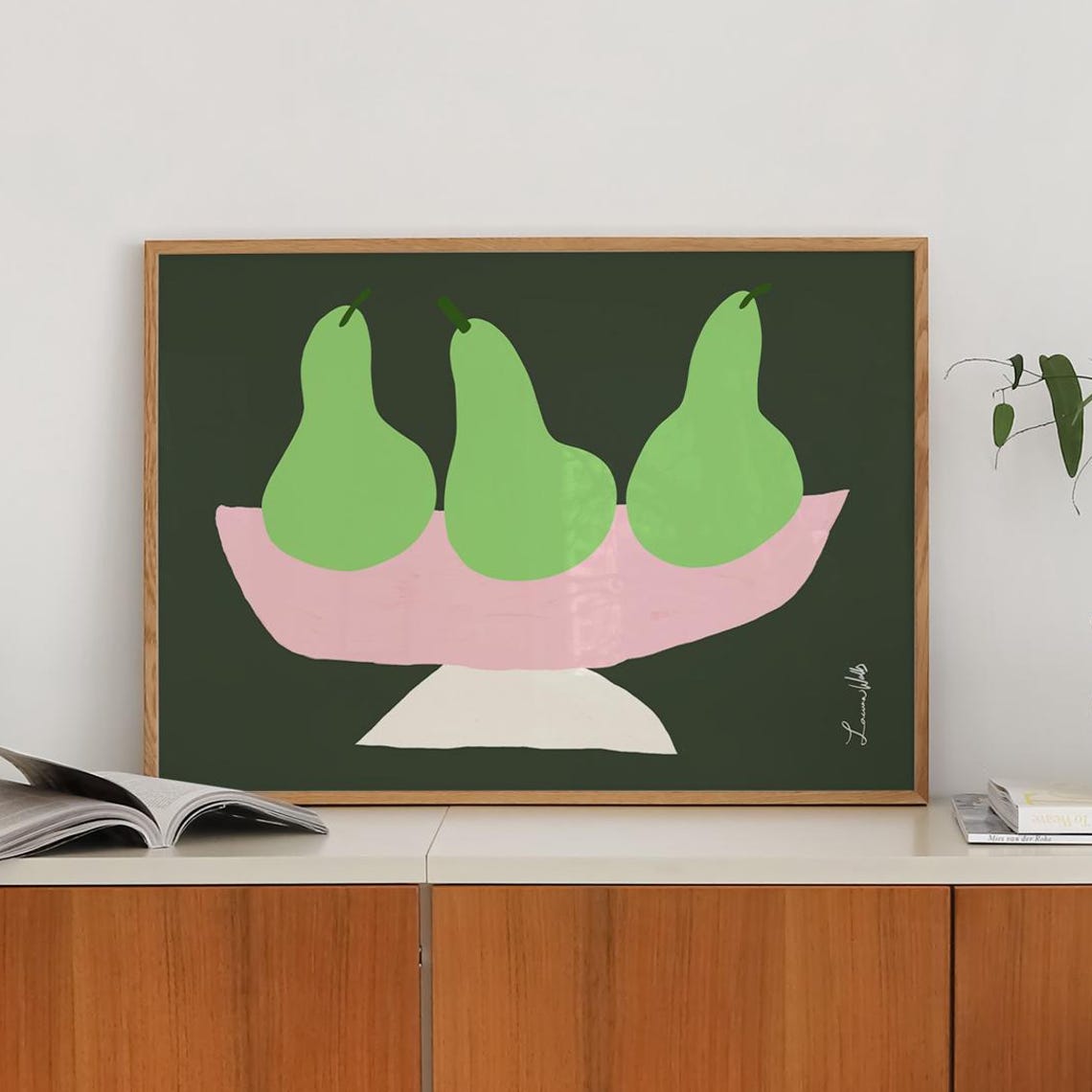 Three Green Pears in Pink Bowl Horizontal Mid Century Kitchen Poster