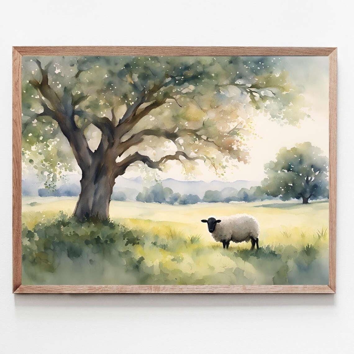 Sheep Painting, Oak Tree Watercolor Art Print