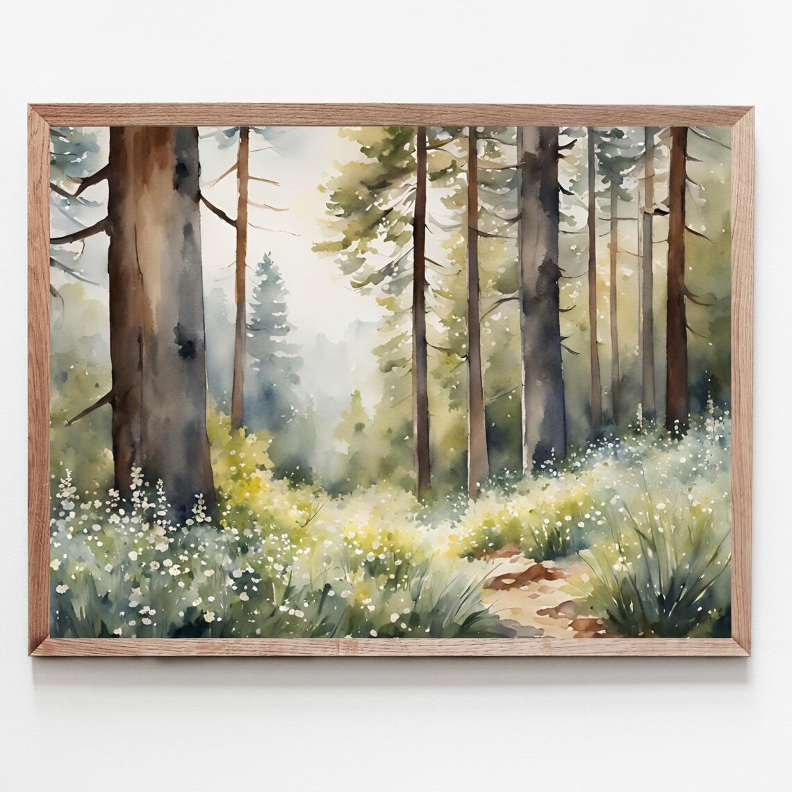 Forest Road Print, Spring Flowers Watercolor Landscape