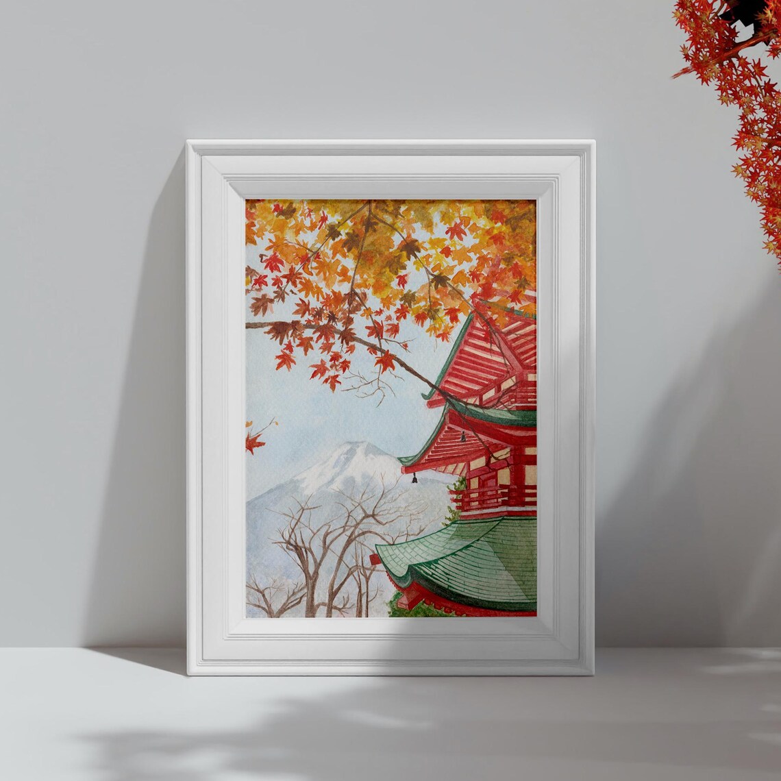 Mount Fuji Pagoda Autumn Maple Leaves Watercolor Japan Poster