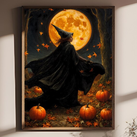 Halloween Witch Wall Art Print Full Moon Forest Oil Painting Pumpkins Cloak Autumn Folklore Decor