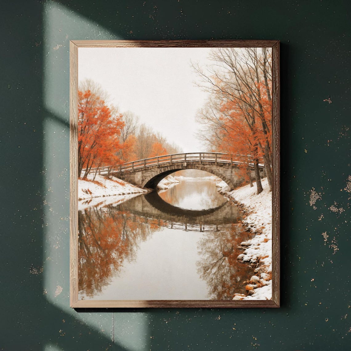 New England Covered Bridge Wall Art Autumn Winter River Trees Snow Poster Print Decoration