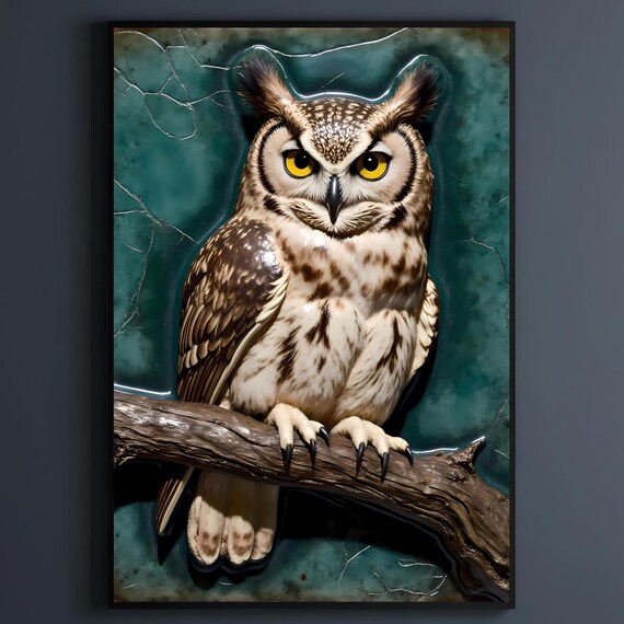 Owl Ceramic Wall Art Dark Academia Glazed Tile Print Photorealistic Bird Closeup Poster Mahogany Ivory Decor