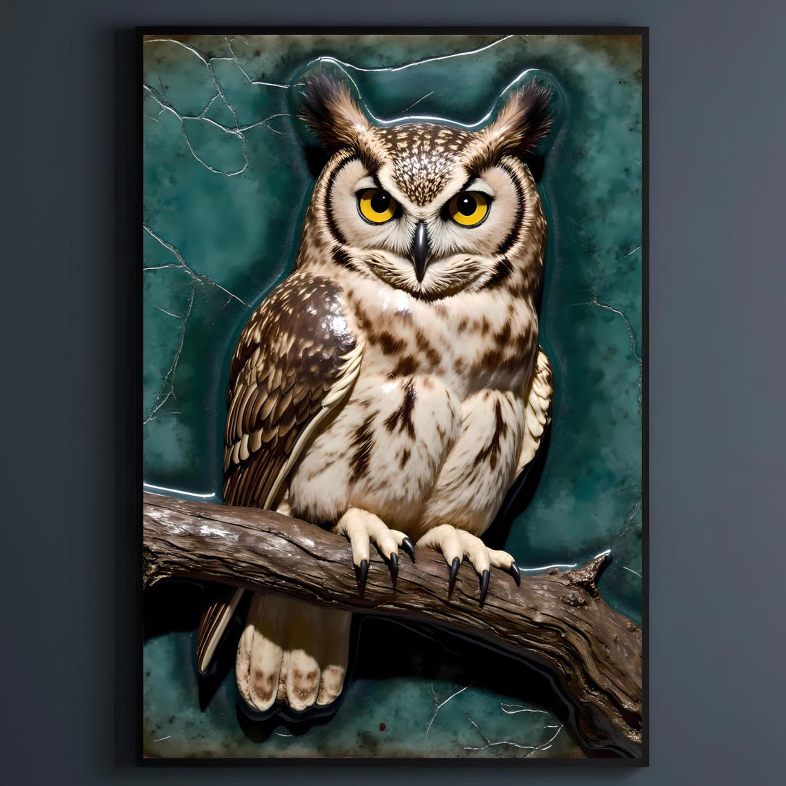 Owl Ceramic Wall Art Dark Academia Glazed Tile Print Photorealistic Bird Closeup Poster Mahogany Ivory Decor