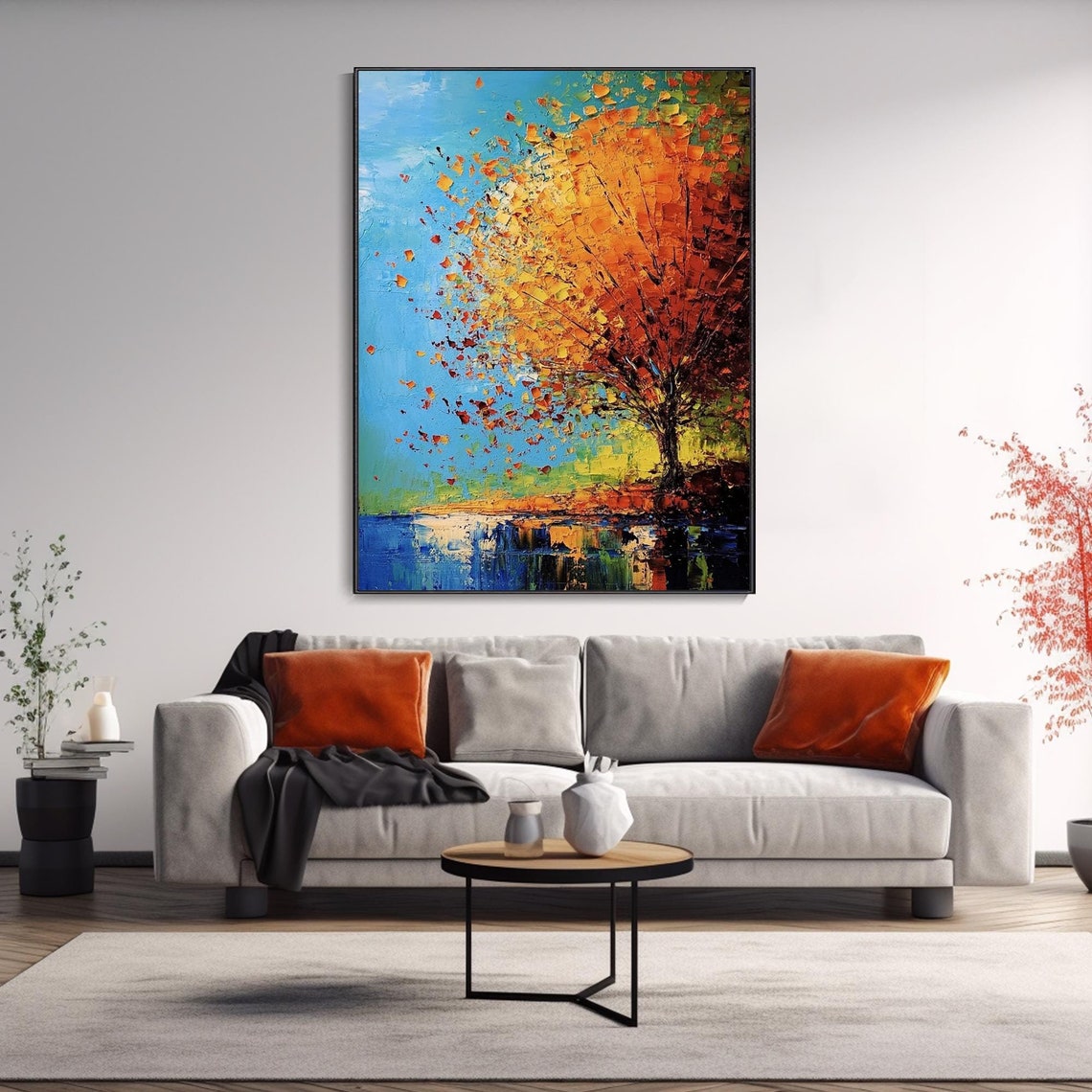 Autumn Tree By The Lake Golden Foliage Reflection Oil Painting Poster