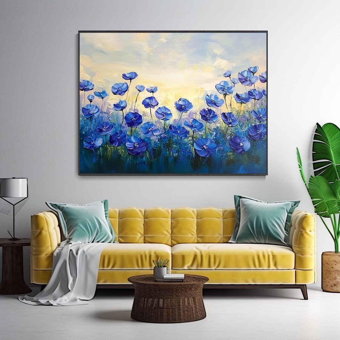 Blue Poppy Field Oil Painting Golden Sunset Floral Impasto Poster