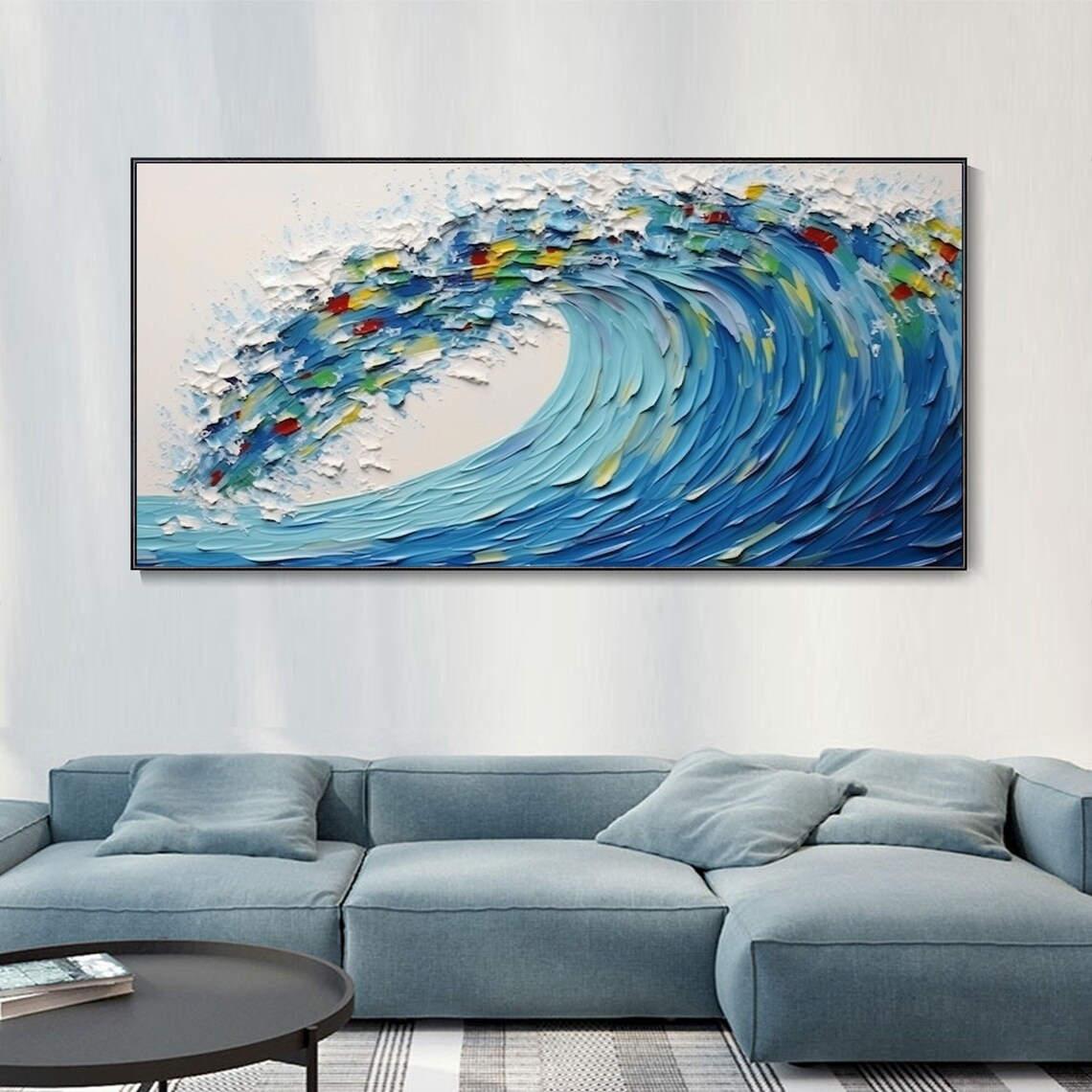 Blue Ocean Wave Oil Painting, Surfing Art Print
