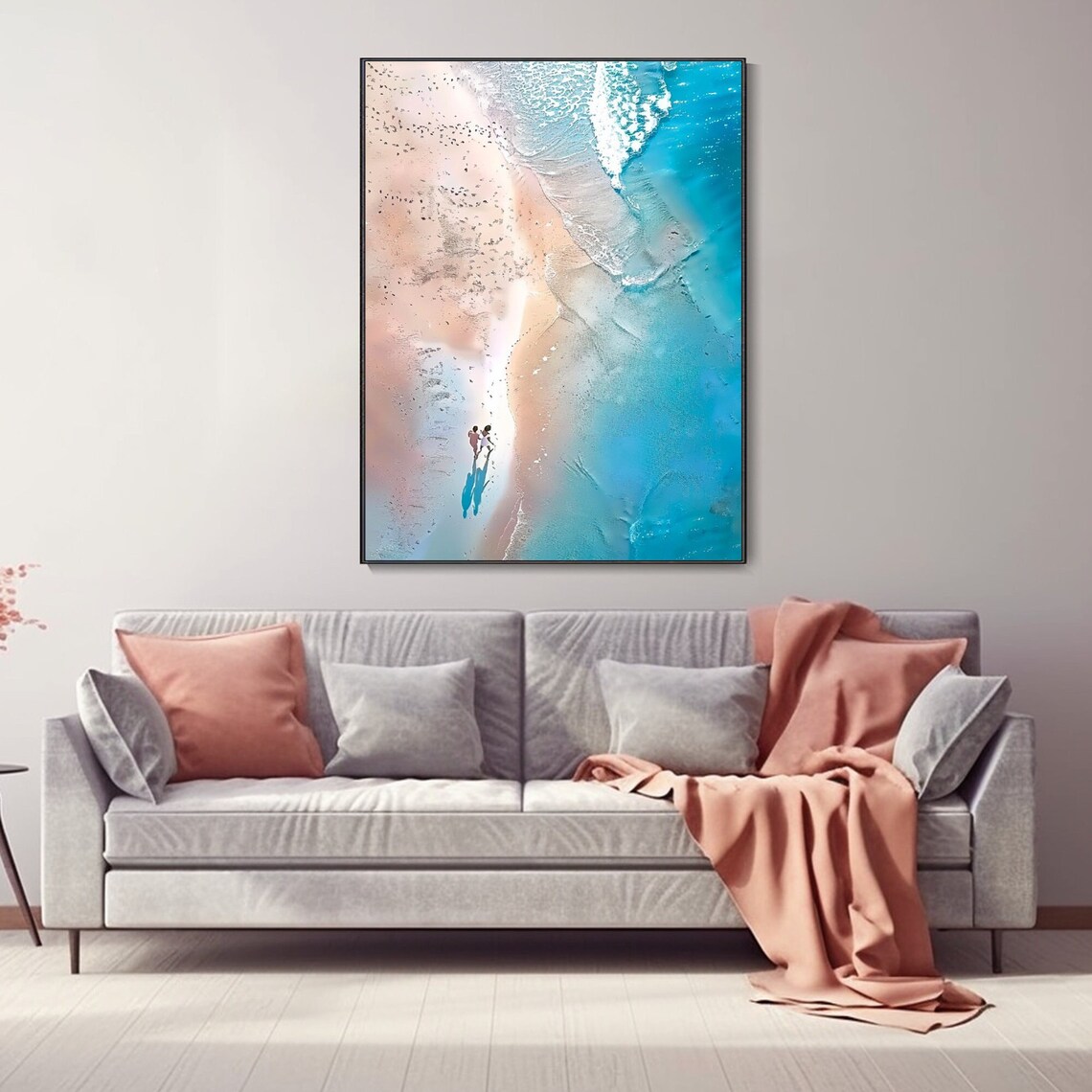 Aerial Beach Couple Oil Painting Turquoise Ocean Shore Walk Poster