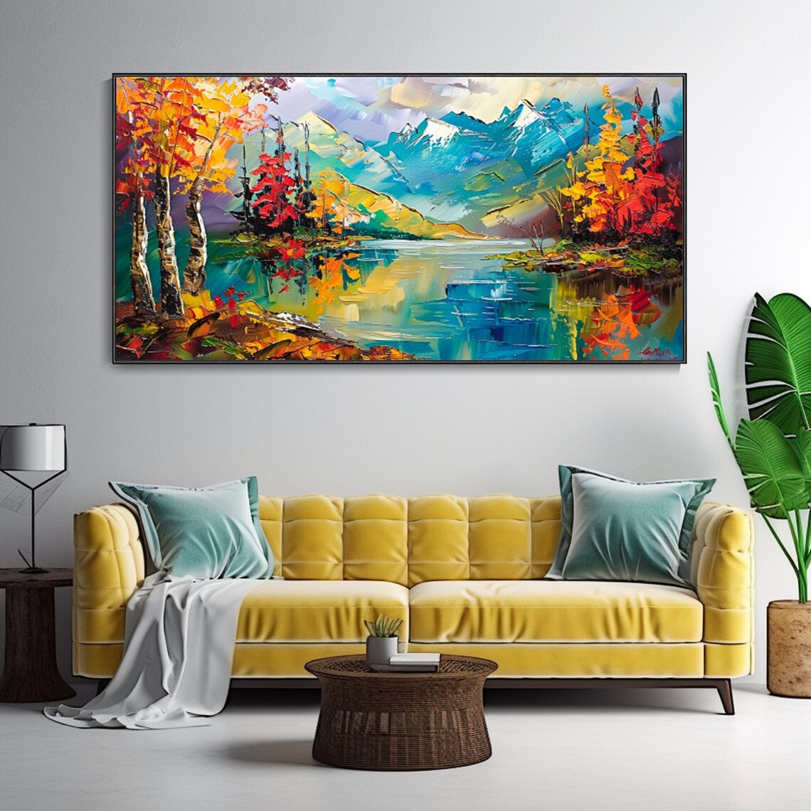 Autumn Valley Snowy Mountain Lake Landscape Art Print