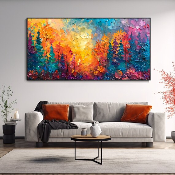 Abstract Thick Texture Forest Oil Painting Morning Sunrise Wall Art Natural Scenery Living Room Art Decor Birthday Gift Tree Illusion