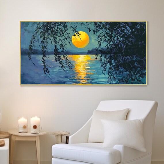 Original Moonlight Lakeside Oil Painting Tranquility Night Tree Reflection Wall Art Natural Landscape Hand Art Wall Decor Room Birthday Gift