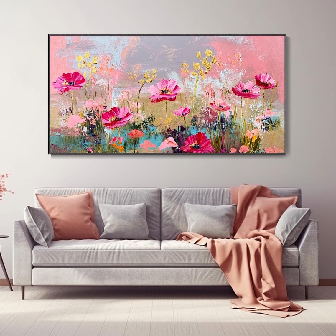 3d Pink Floral Landscape Light Luxury Gold Leaf Floral Oil Painting Original Poppy Flower Creative Textured Wall Art Fashion Homedeco