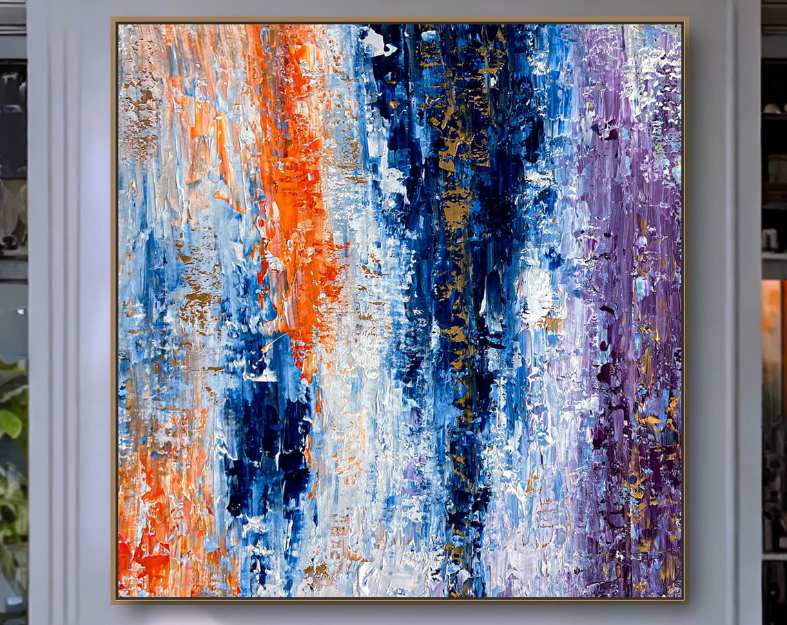 Bold Orange Navy Purple Abstract Palette Knife Textured Wall Art