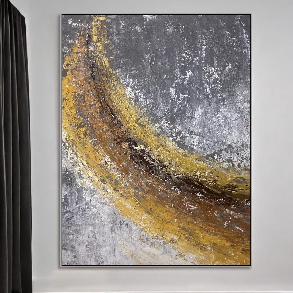 Golden Ochre Sweep Across Grey Textured Modern Abstract Poster