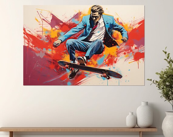 Skateboarder In Suit Pop Art Print Skateboarding Wall Art Skateboard Poster Skateboarder Gift Framed And Ready To Hang