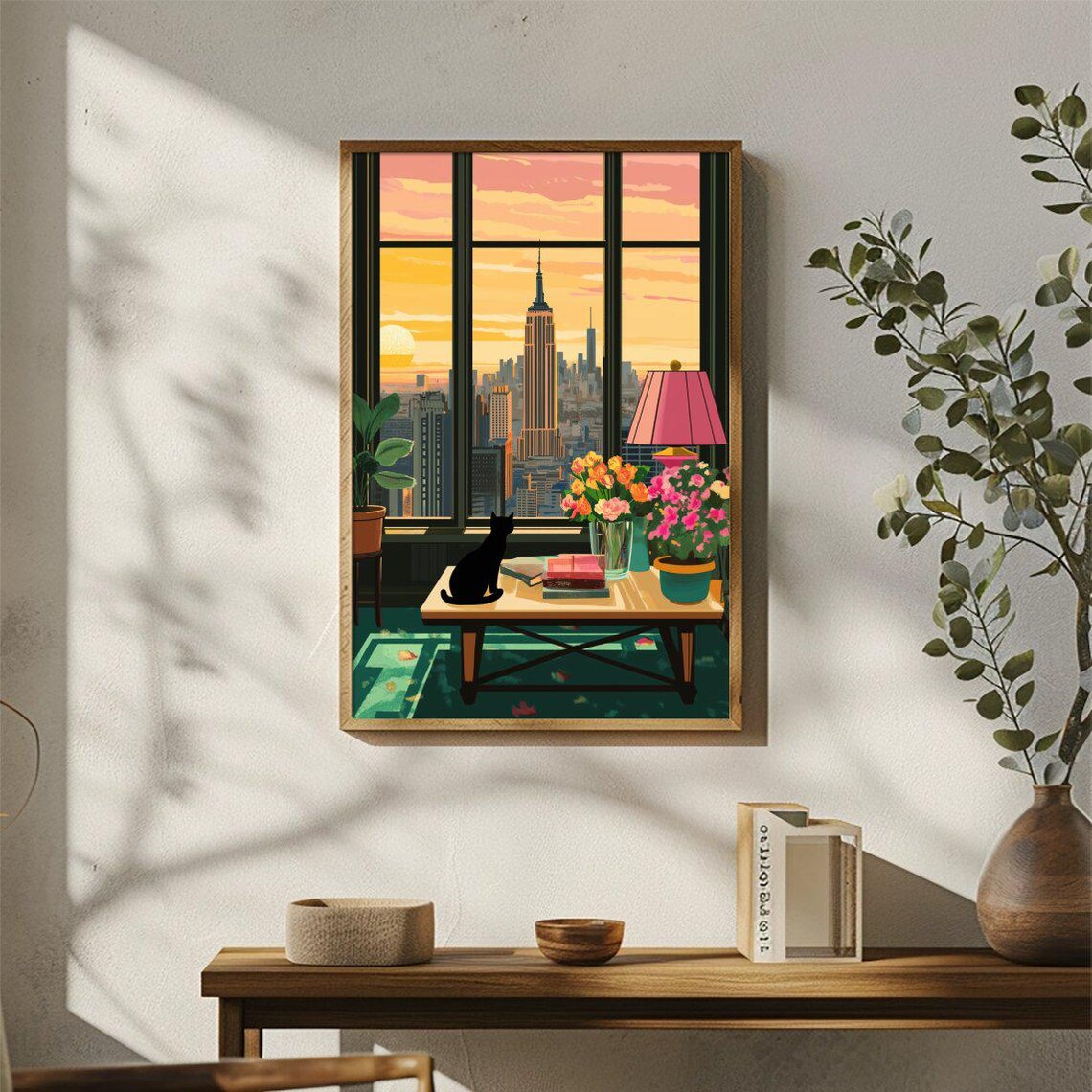 Black Cat by Window at Sunset Over New York City Skyline Poster - Image 3