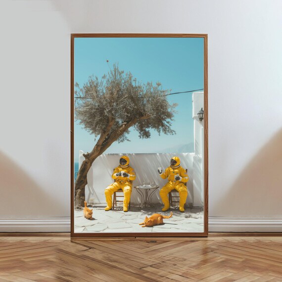 Astronauts Drinking Coffee on Sunny Mediterranean Terrace Poster