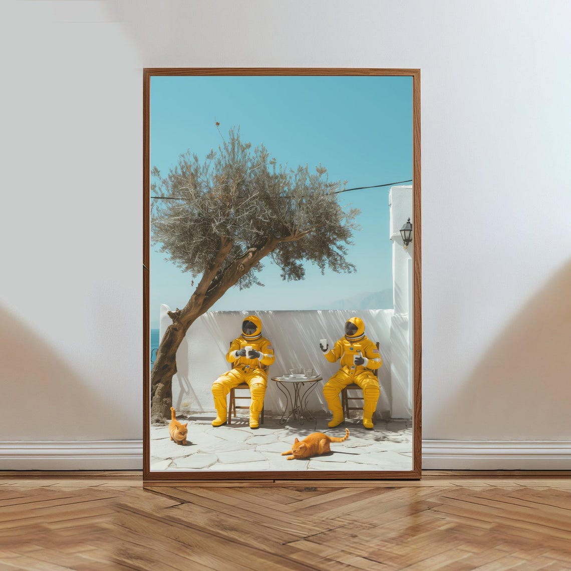 Astronauts Drinking Coffee on Sunny Mediterranean Terrace Poster