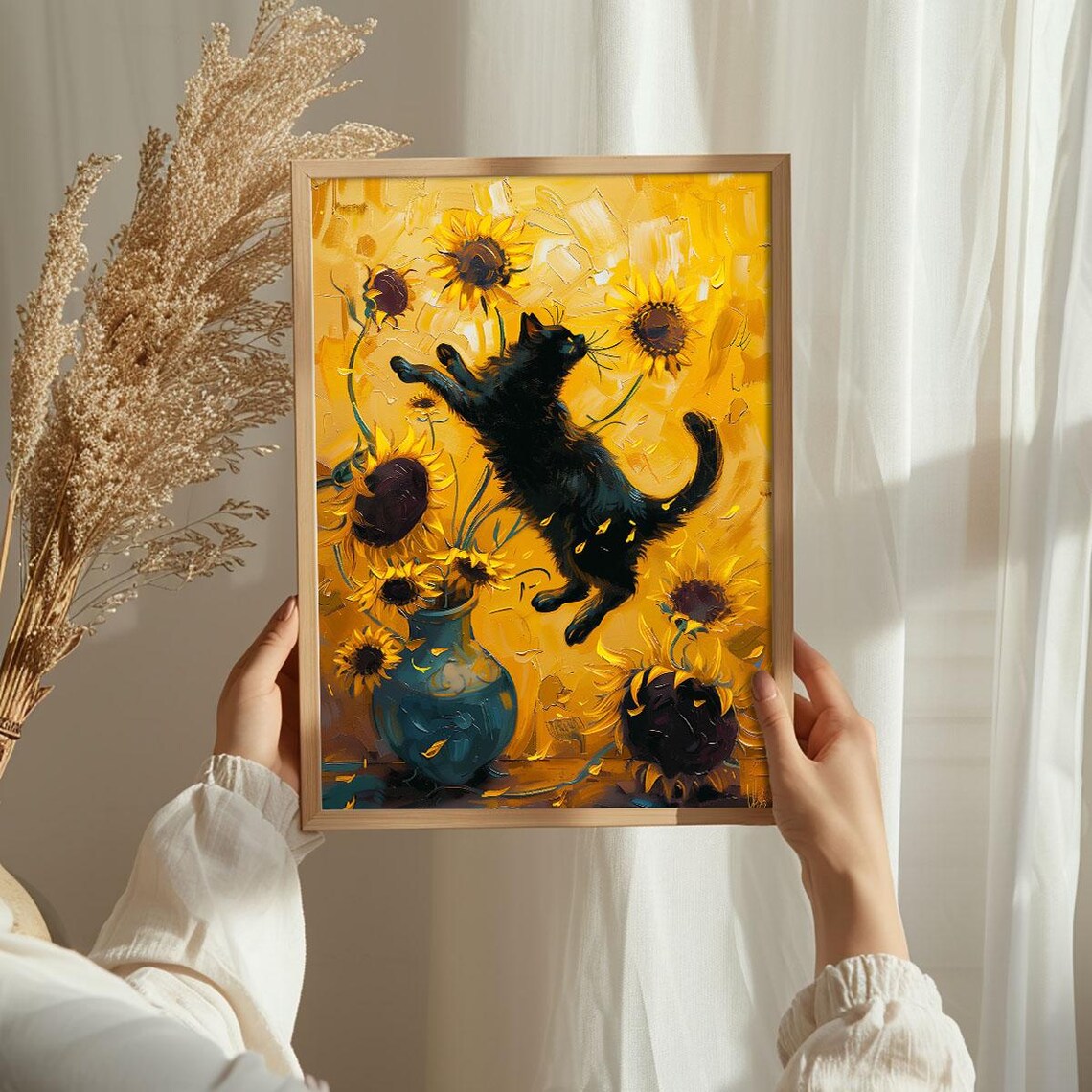Sunflower Cat Black Cat Leaping Impasto Yellow Flower Fine Art Poster - Image 3