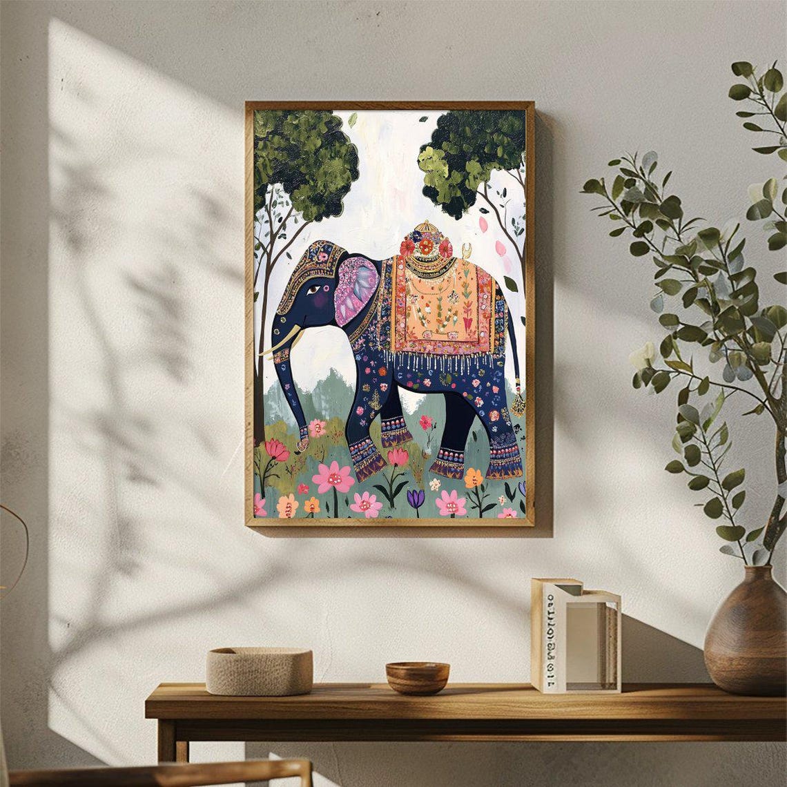 Decorated Dark Blue Elephant Indian Folk Art Floral Garden Poster - Image 3