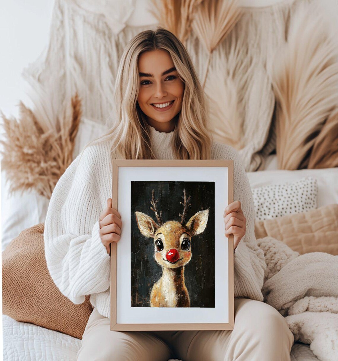 Cute Red Nosed Reindeer Baby Deer Oil Painting Christmas Poster - Image 2