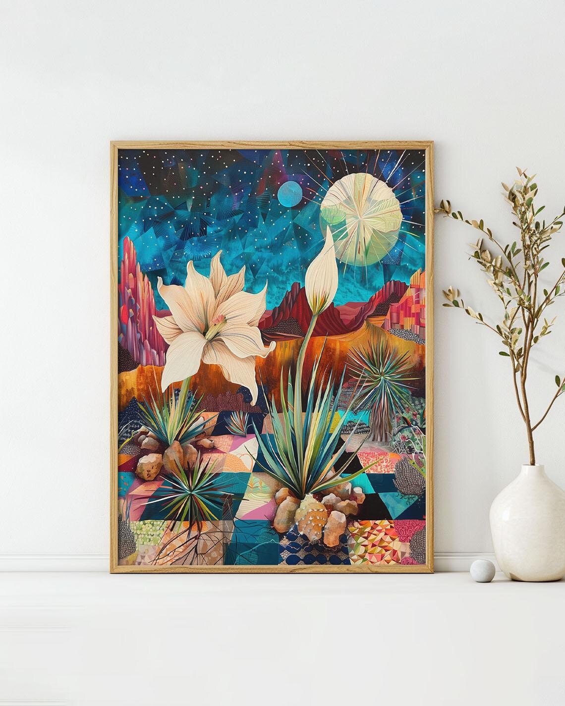 Mystical Celestial Garden Night Blooming Lily Starry Desert Poster