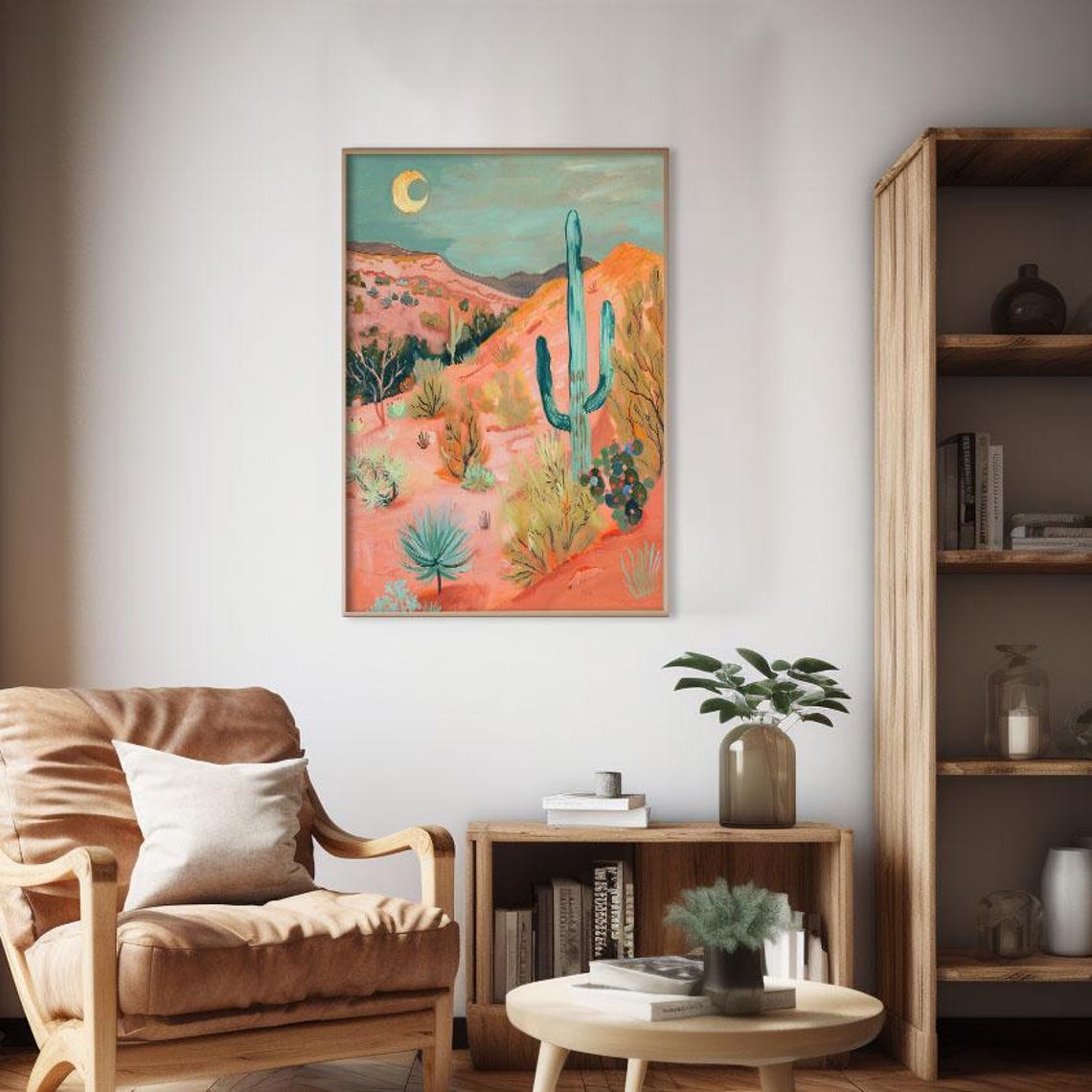 Soft Desert Twilight Crescent Moon Pink Sand Saguaro Art Poster - Image 2