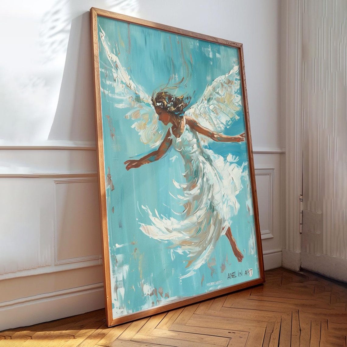 White Angel Flying Turquoise Sky Ethereal Angel In Art Poster - Image 3