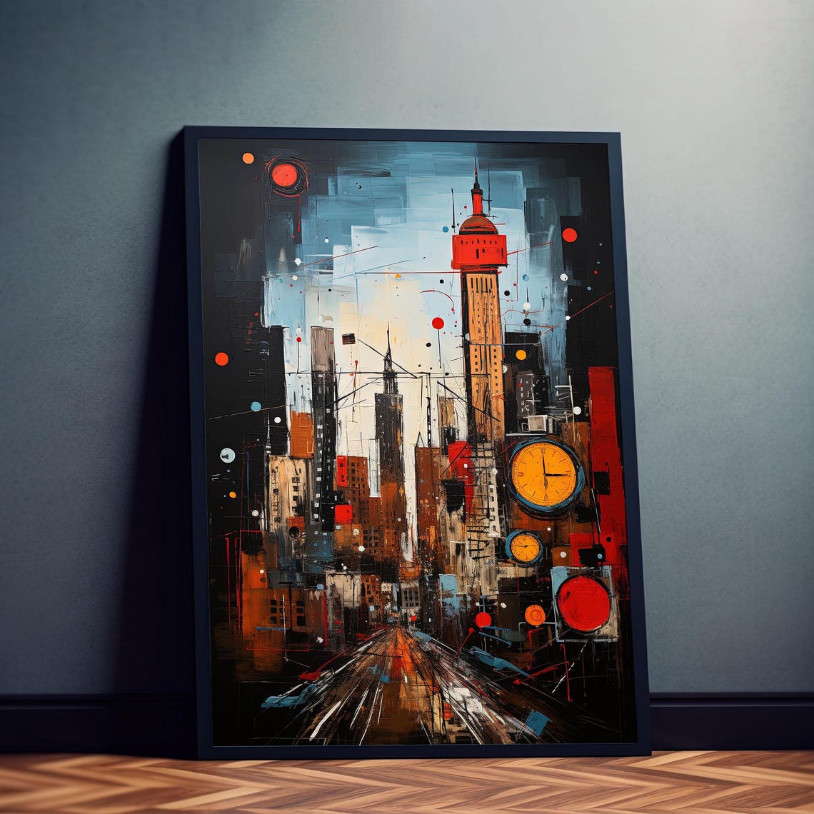 Bold City With Clocks Abstract Night Skyline Modern Art Poster - Image 3