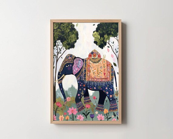 Decorated Dark Blue Elephant Indian Folk Art Floral Garden Poster